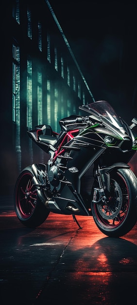 Photo a motorcycle with a black and green body is parked in front of a building