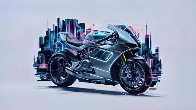 a motorcycle with a city skyline in the background