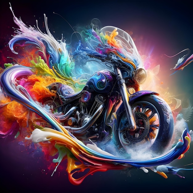 Motorcycle with colorful paint splashes on dark background 3d rendering