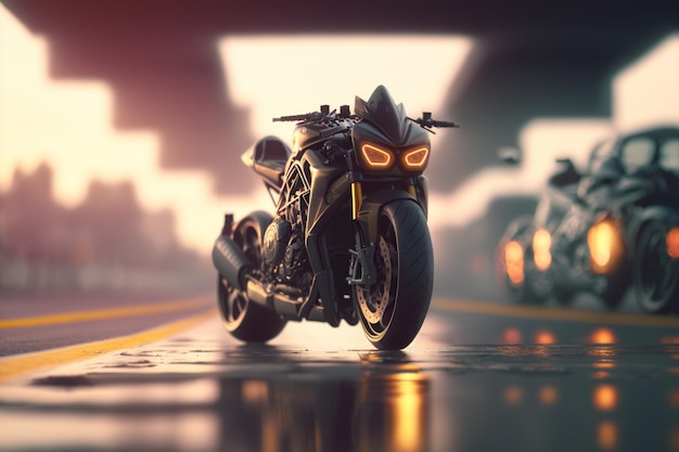 A motorcycle with orange eyes and orange eyes is driving on a road.