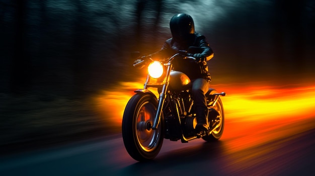 A motorcycle with a rider on the front and a blurry background.