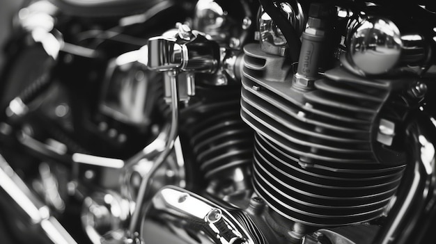 Motorcycle39s engine parts shining in the light in black and white