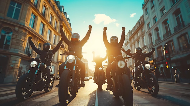 Photo motorcycles with the arms raised in the air with the sun behind them