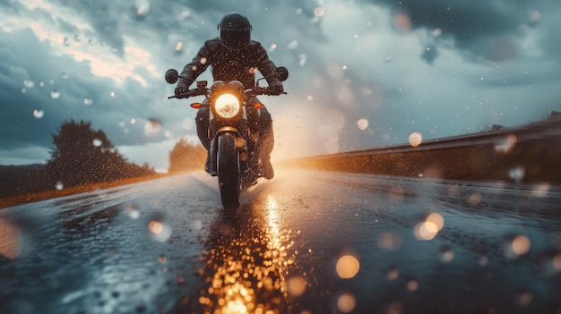 Motorcyclist braving storm riding fast on wet road with rain falling heavily and dramatic lighting