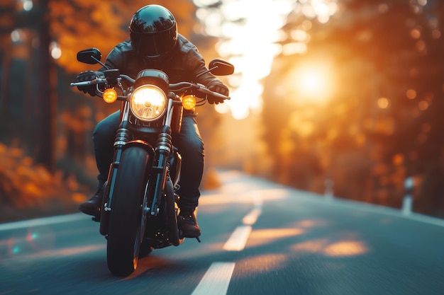 Motorcyclist cruising through forest road at sunset with sunlight filtering through trees