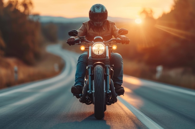 Motorcyclist cruising through forest road at sunset with sunlight filtering through trees