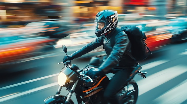 Photo a motorcyclist drives through city traffic