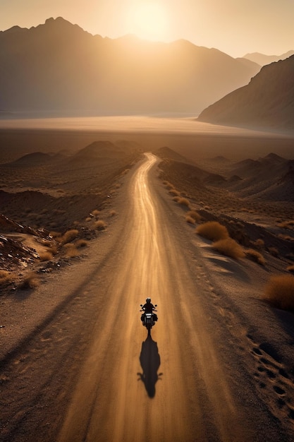 Motorcyclist driving on the highway at sunset