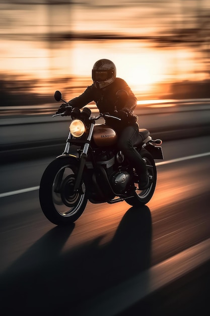 Motorcyclist driving at sunset on a highway