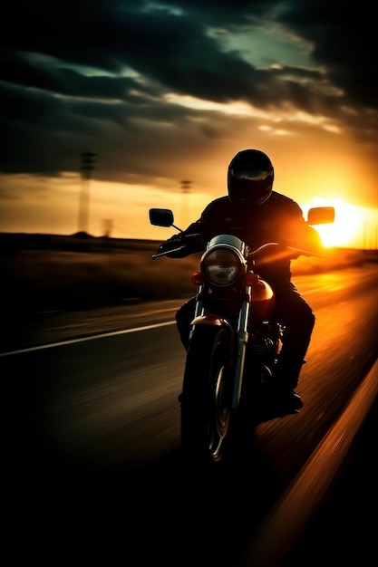 Motorcyclist driving at sunset on a highway