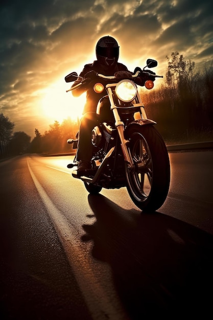 Motorcyclist driving at sunset on a highway