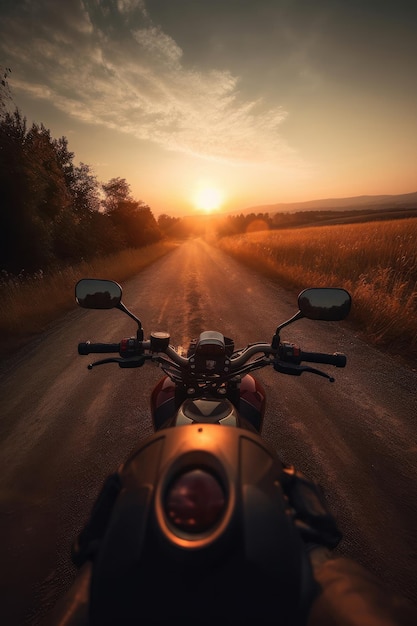 Motorcyclist driving at sunset on a highway