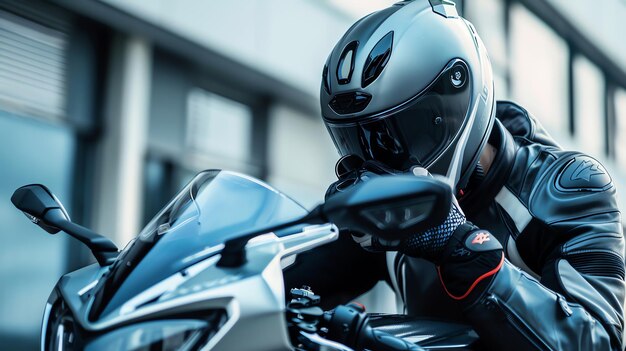 A motorcyclist in full gear sits on a motorcycle and looks ahead