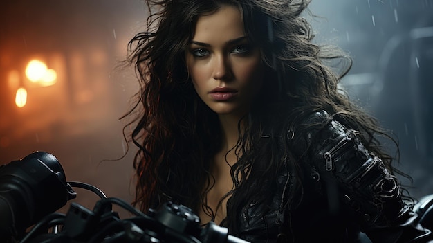 A motorcyclist in a leather suit sits on a motorcycle and looks at the camera Beautiful girl model with curly hair