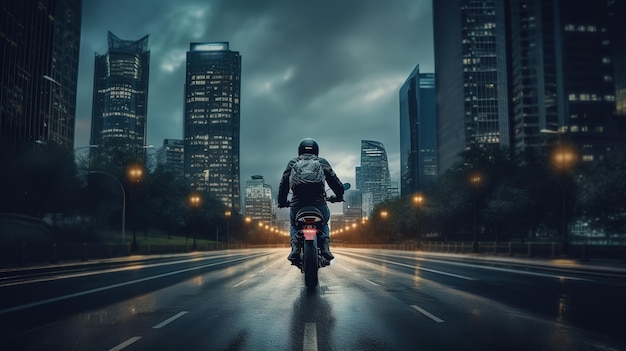 Motorcyclist on a motorcycle in the twilight of a night city in the lights of the lanterns