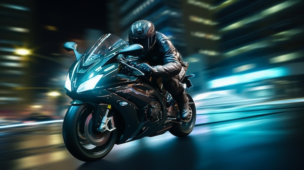 motorcyclist racer drives a sports motorcycle fast on road in the city at night Motion blur speed