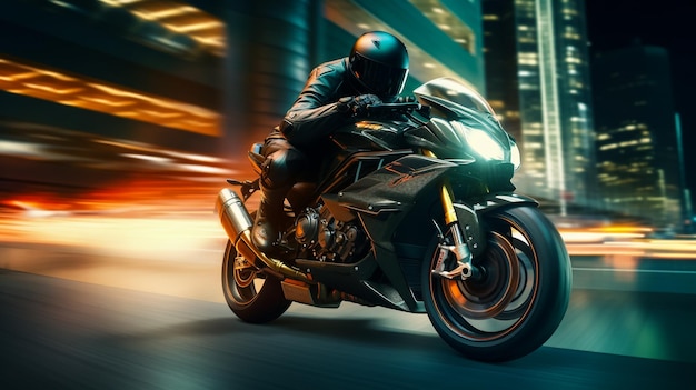 motorcyclist racer drives a sports motorcycle fast on road in the city at night Motion blur speed