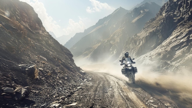 A motorcyclist rides through a dusty mountainous path surrounded by rugged terrain under a clear sky evoking adventure and freedom