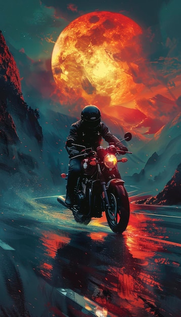 Motorcyclist rides through a fiery mountain pass under a blood moon