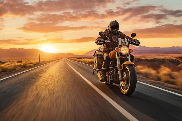 Motorcyclist riding a motorcycle on the road at sunset Adventure and travel concept