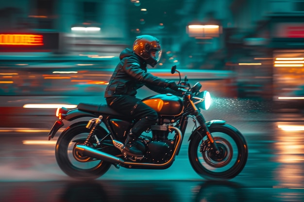 Motorcyclist riding through city streets at night side view capturing motion blur panning effect