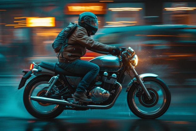 Motorcyclist riding through city streets at night side view capturing motion blur panning effect