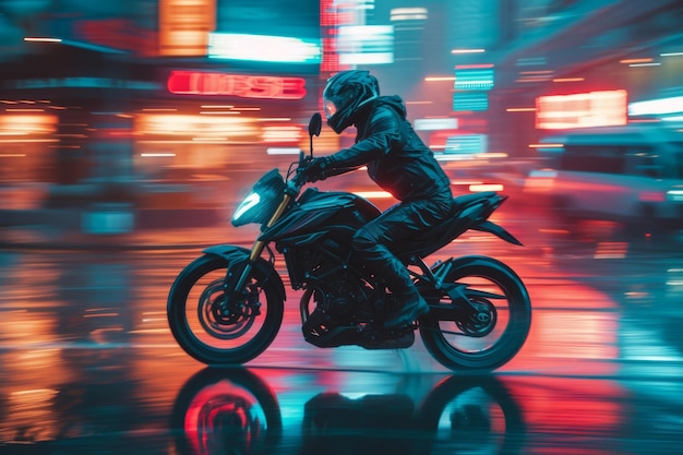 Motorcyclist riding through city streets at night side view capturing motion blur panning effect