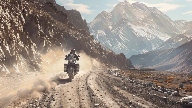 A motorcyclist speeds through a dusty mountain pass under a clear sky with towering snowcapped peaks in the distance capturing the spirit of adventure