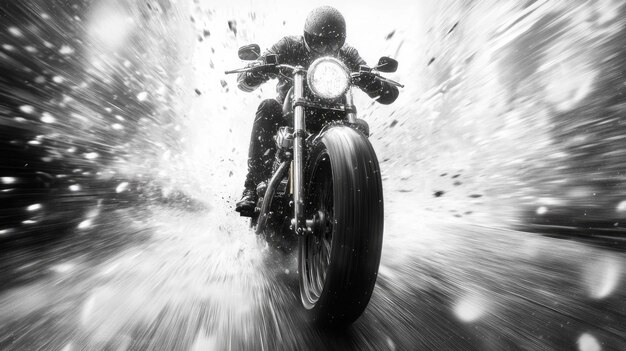 Photo a motorcyclist speeds through water spray on a narrow street during a rainy day