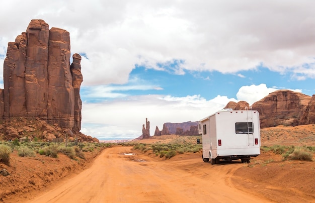 Motorhome in desert landscape