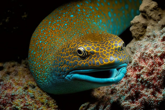 Mottled predatory moray eel is lying on bottom and preying on fish