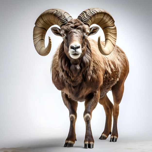 Photo mouflon with big horns on a white background 3d illustration