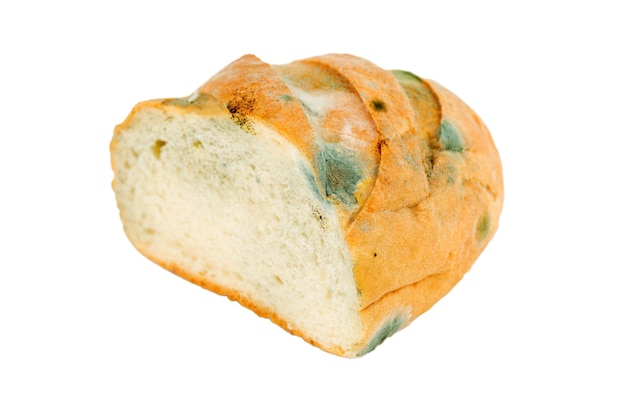 Mouldy bread on a white background. Expired pastries.