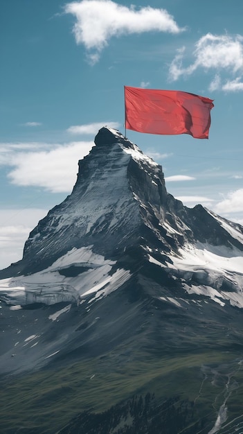 Photo mounatins with red flag