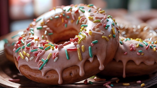 A mound of pink doughnuts frosted sprinkled with colorful sugar Generative AI