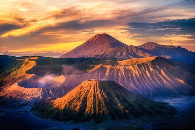 Mount Bromo volcano (Gunung Bromo) at sunrise with colorful sky background in Bromo Tengger Semeru National Park, East Java, Indonesia.