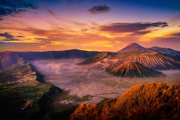 Mount Bromo volcano (Gunung Bromo) at sunrise with colorful sky