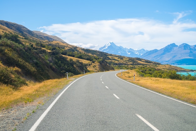 Mount cook view point with lake pukaki and the road leading to mount cook village in New Z