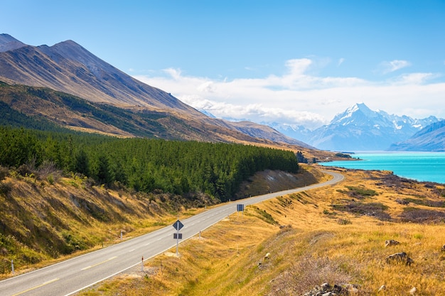 Mount cook viewpoint with the lake pukaki and the road leading to mount cook village in South Island New Zealand.