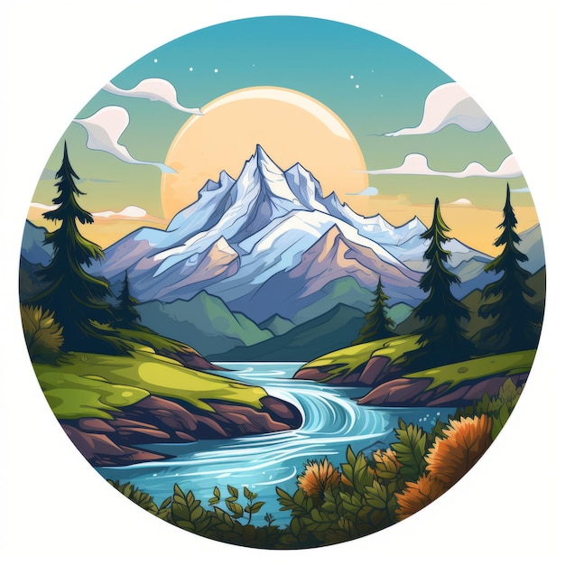 Mount Elbrus Landscape With Waterfall And Trees Round Logo Image