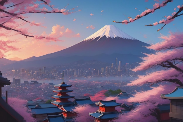 Mount Fuji and cherry blossom at sunset in Japan