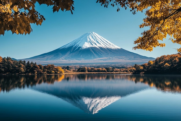 Mount Fuji reflected in calm lake water with autumn trees