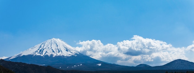 Mount fuji san at Saiko Iyashi no sato (Nenba) in japan, morning sunrise banner size.