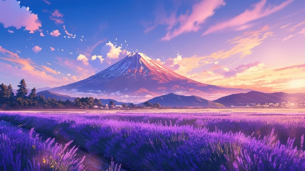 Mount Fuji with a colorful sunset sky and a field of lavender in the foreground