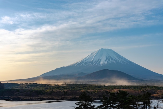 Mount Fuji with natural fine sand flying up in the air