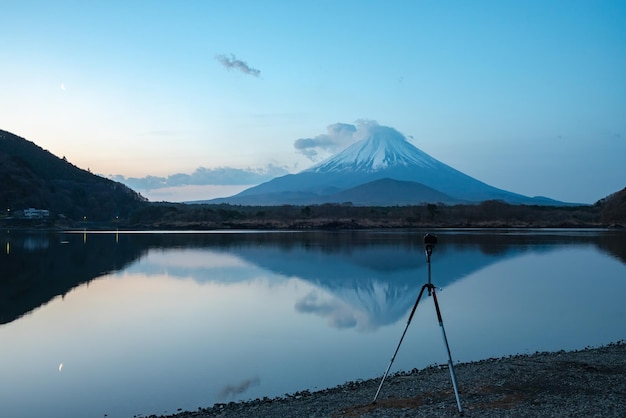 Mount Fuji with reflection on lake surface in sunrise time beautiful landscape View at Lake Shoji