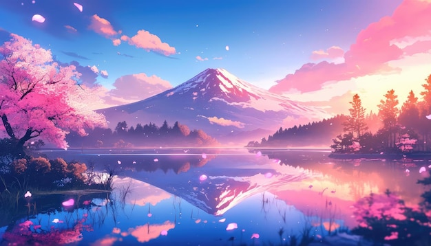 Mount Fuji with a reflection in a pond surrounded by cherry trees at sunset