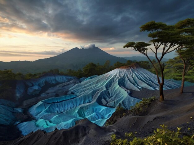 Mount is decorated with blue glowing larvae and beautiful peaks and is surrounded