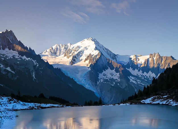 Mount mont blanc covered in the snow With ALake evening in Chamonix