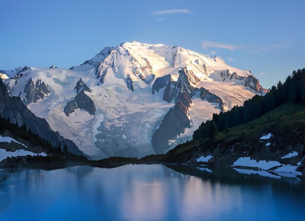 Mount mont blanc covered in the snow With ALake evening in Chamonix